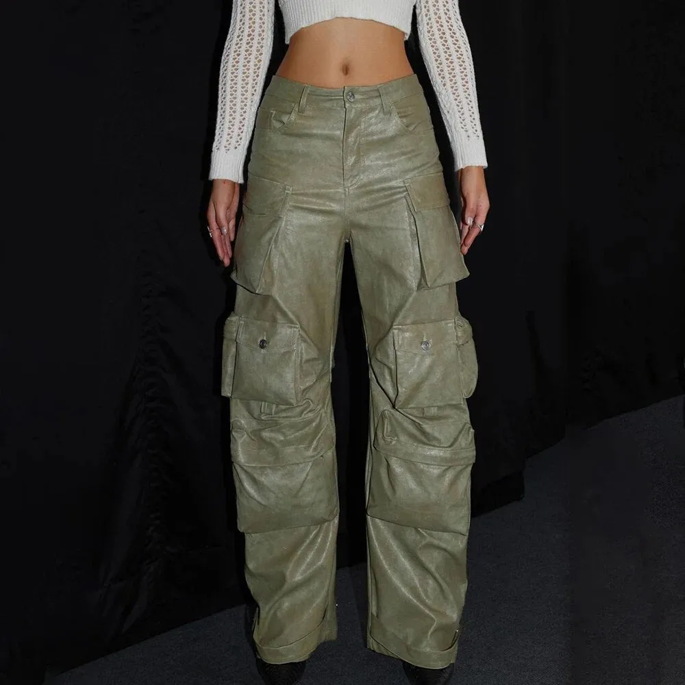 HEYFANCYSTYLE Haute Couture Leather Cargo Pants