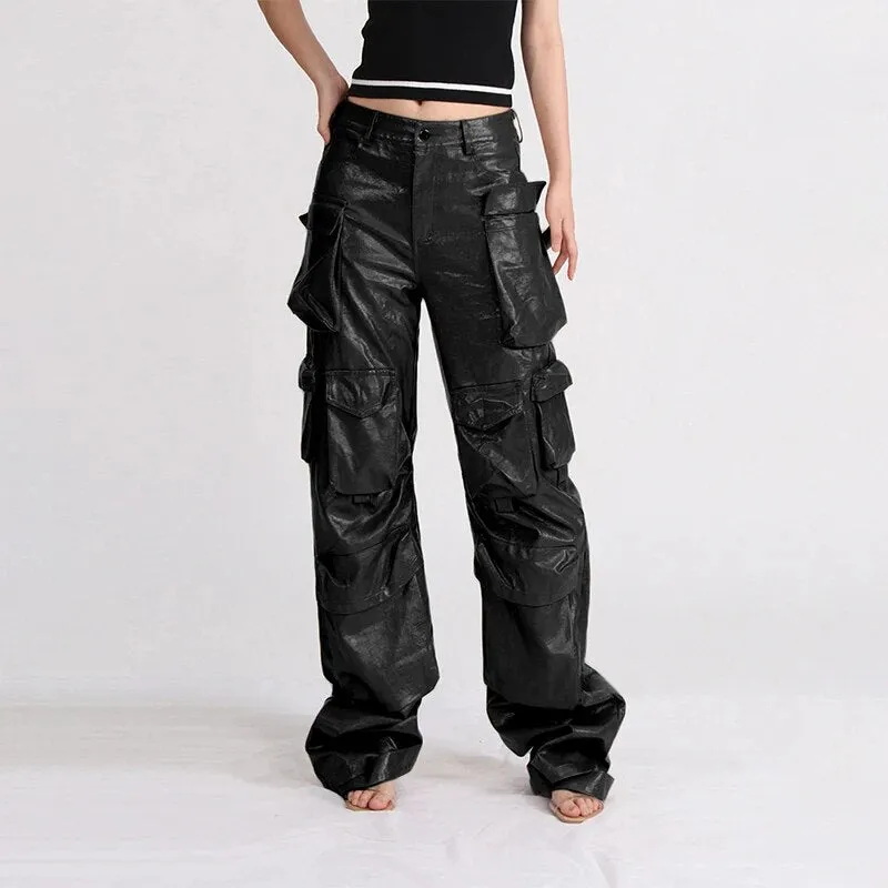 HEYFANCYSTYLE Haute Couture Leather Cargo Pants