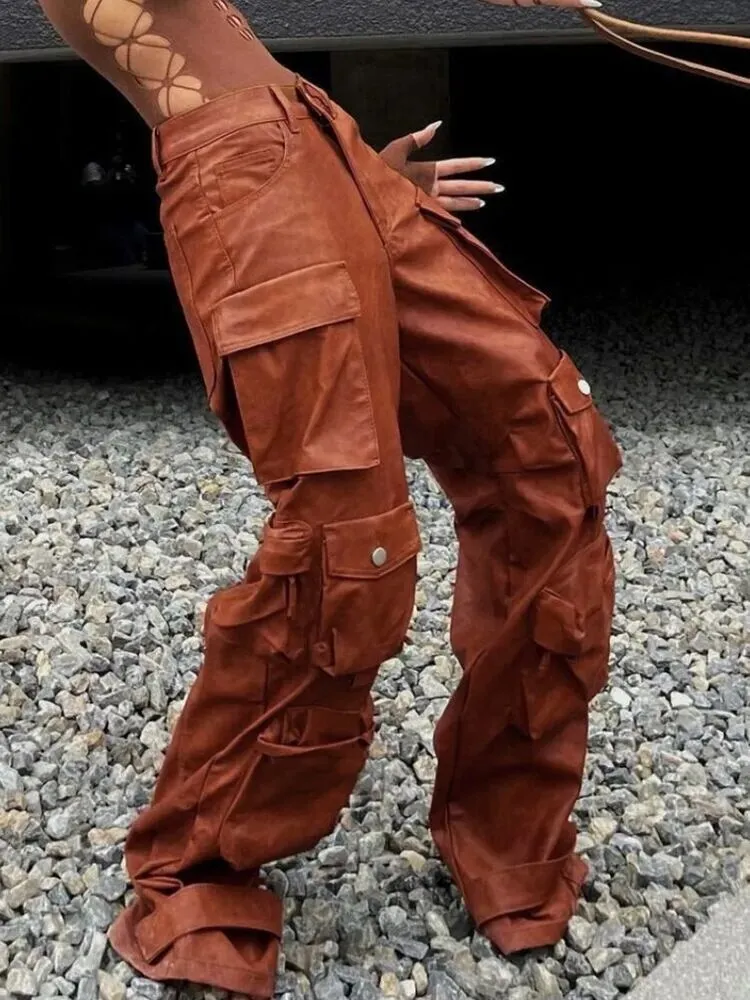 HEYFANCYSTYLE Haute Couture Leather Cargo Pants