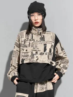 HEYFANCYSTYLE Newspapers Print Cropped Sweatshirt