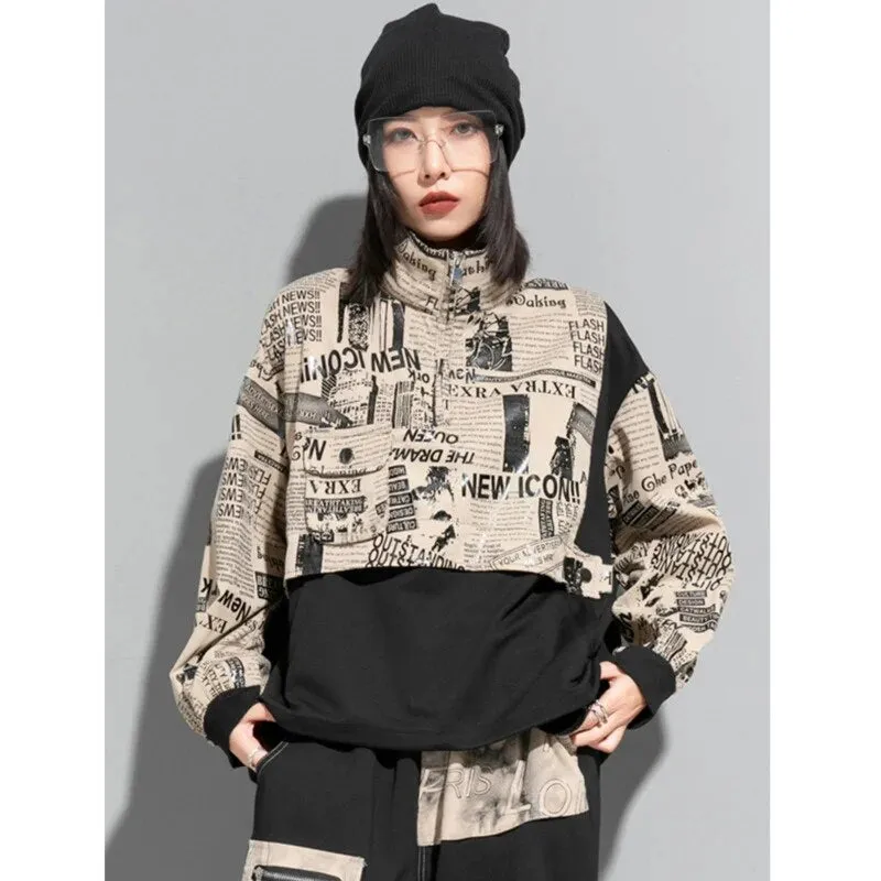 HEYFANCYSTYLE Newspapers Print Cropped Sweatshirt