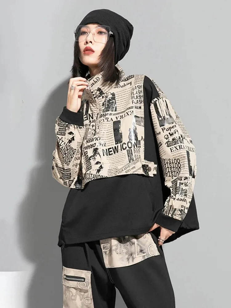 HEYFANCYSTYLE Newspapers Print Cropped Sweatshirt