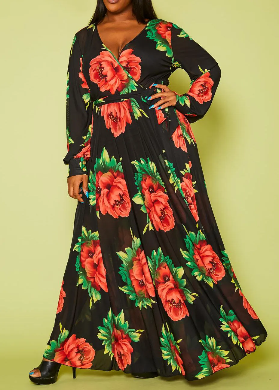 HI Curvy Plus Size Women Flare Peony Print Maxi Dress