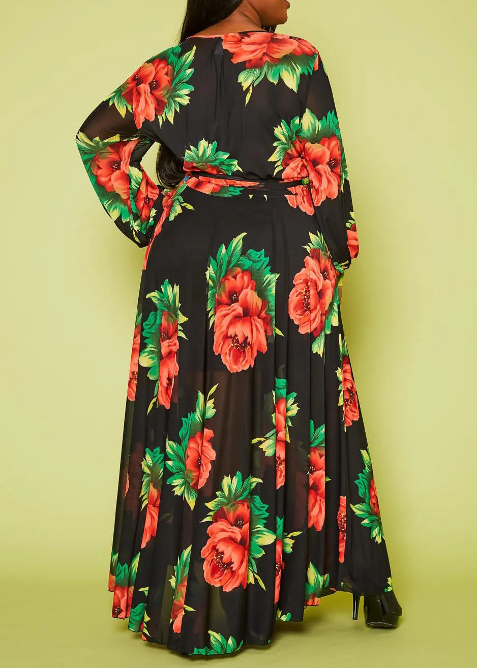 HI Curvy Plus Size Women Flare Peony Print Maxi Dress