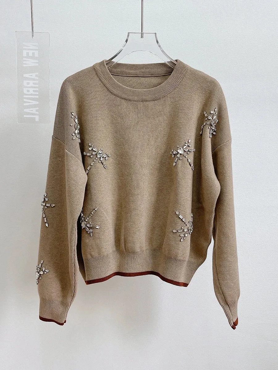 High Quality Women's Short Pullover Sweater Female Diamond Beading Warm Thick Winter Knitted Oversized Sweater C-236