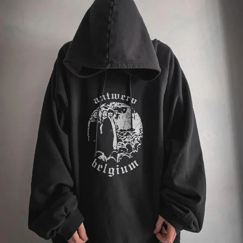 High Street Hoodie Black Casual Letter Printed Hooded Sweatshirt