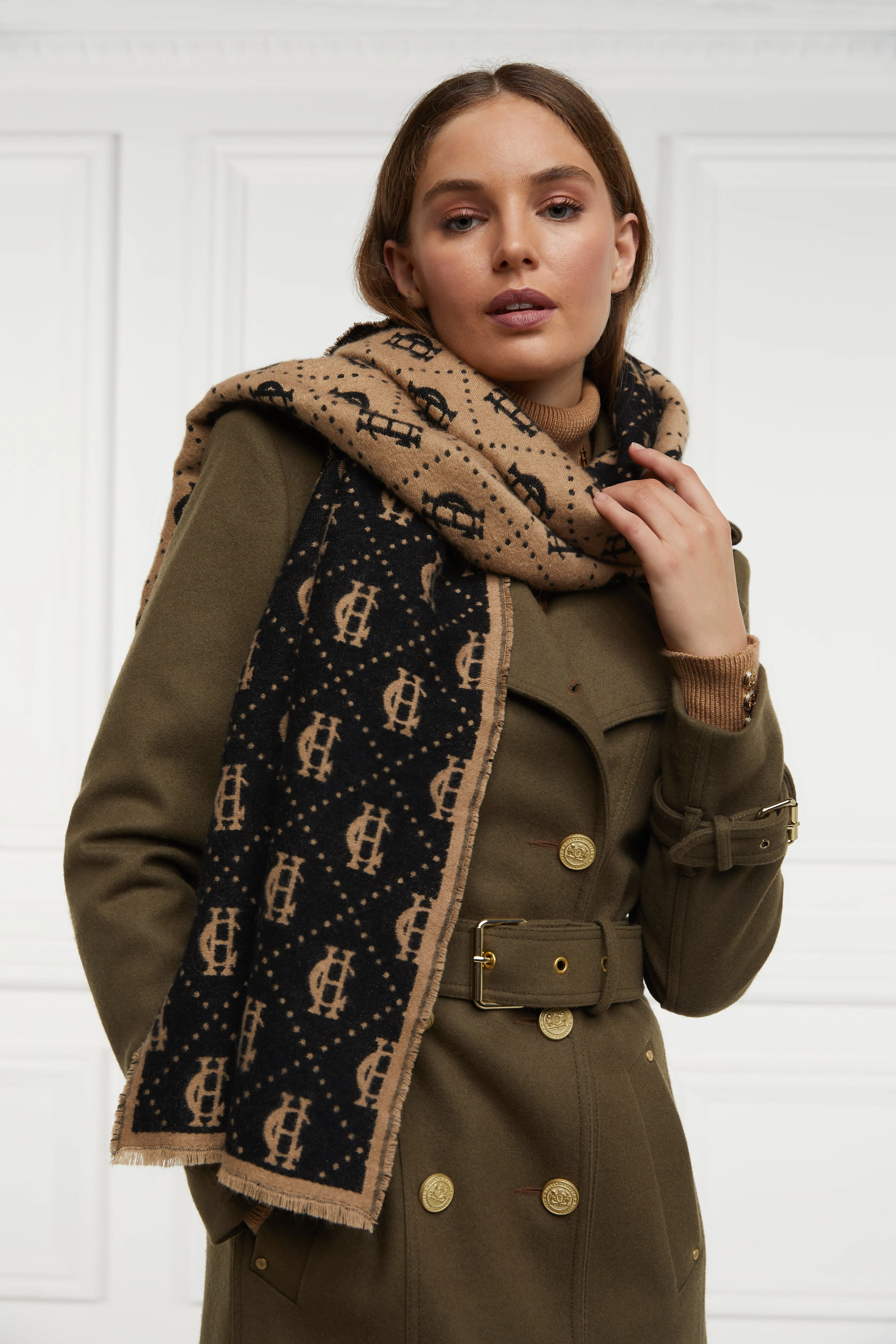 Holland Cooper Lightweight Monogram Scarf in Tan Black