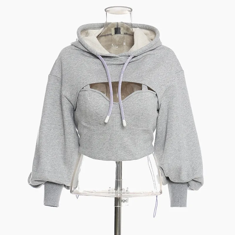 Hollow Out Gray Sweatshirt For Women Hooded Collar Long Sleeve Fake Two Casual Short Tops Female Spring