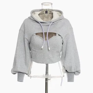 Hollow Out Gray Sweatshirt For Women Hooded Collar Long Sleeve Fake Two Casual Short Tops Female Spring