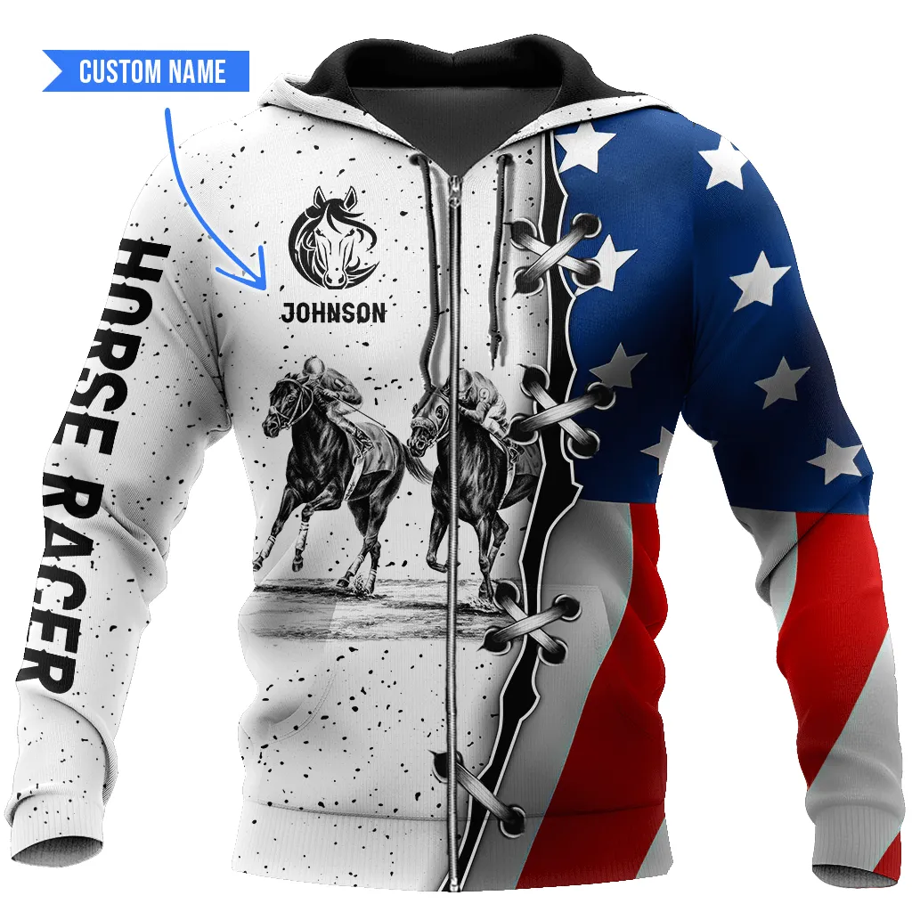 Horse Racing US Flag Sweatshirt Zip Hoodie Shirts For Men And Women