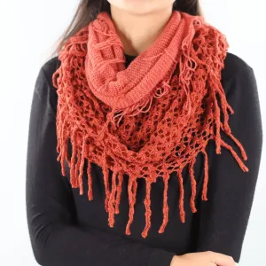 Infinity Scarf w/ Open Knit & Fringe - Terra Cotta/Burnt Sienna