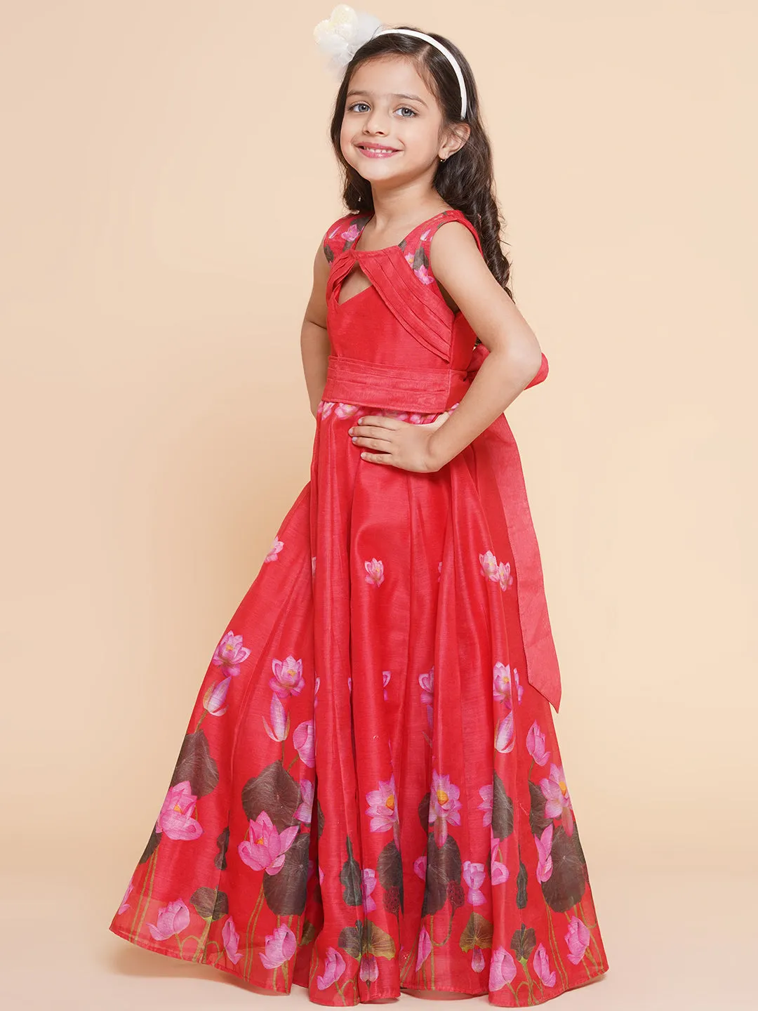 Jashvi Girls Red Floral Printed Dress