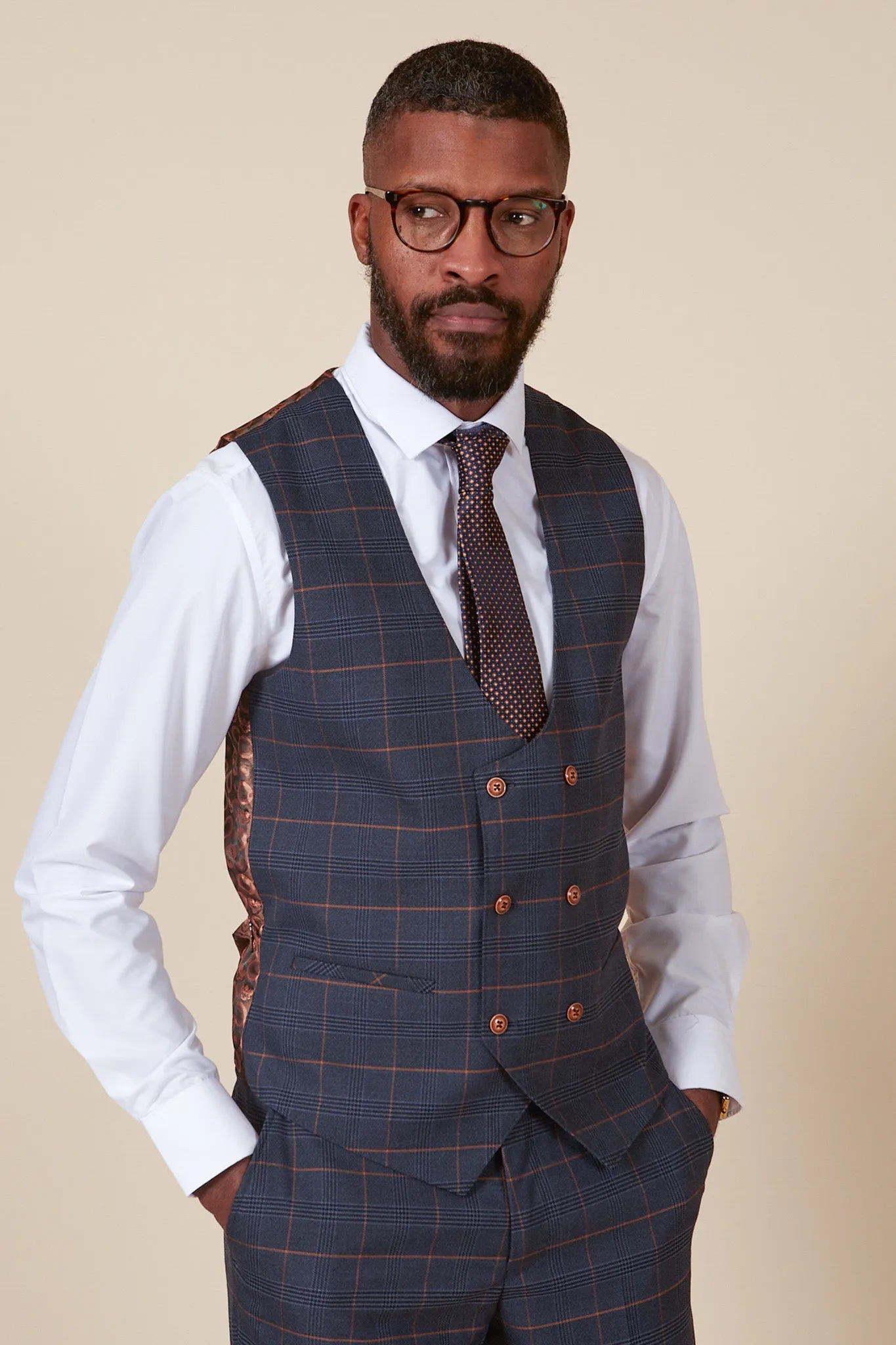 JENSON - Marine Navy Check Suit With Double Breasted Waistcoat