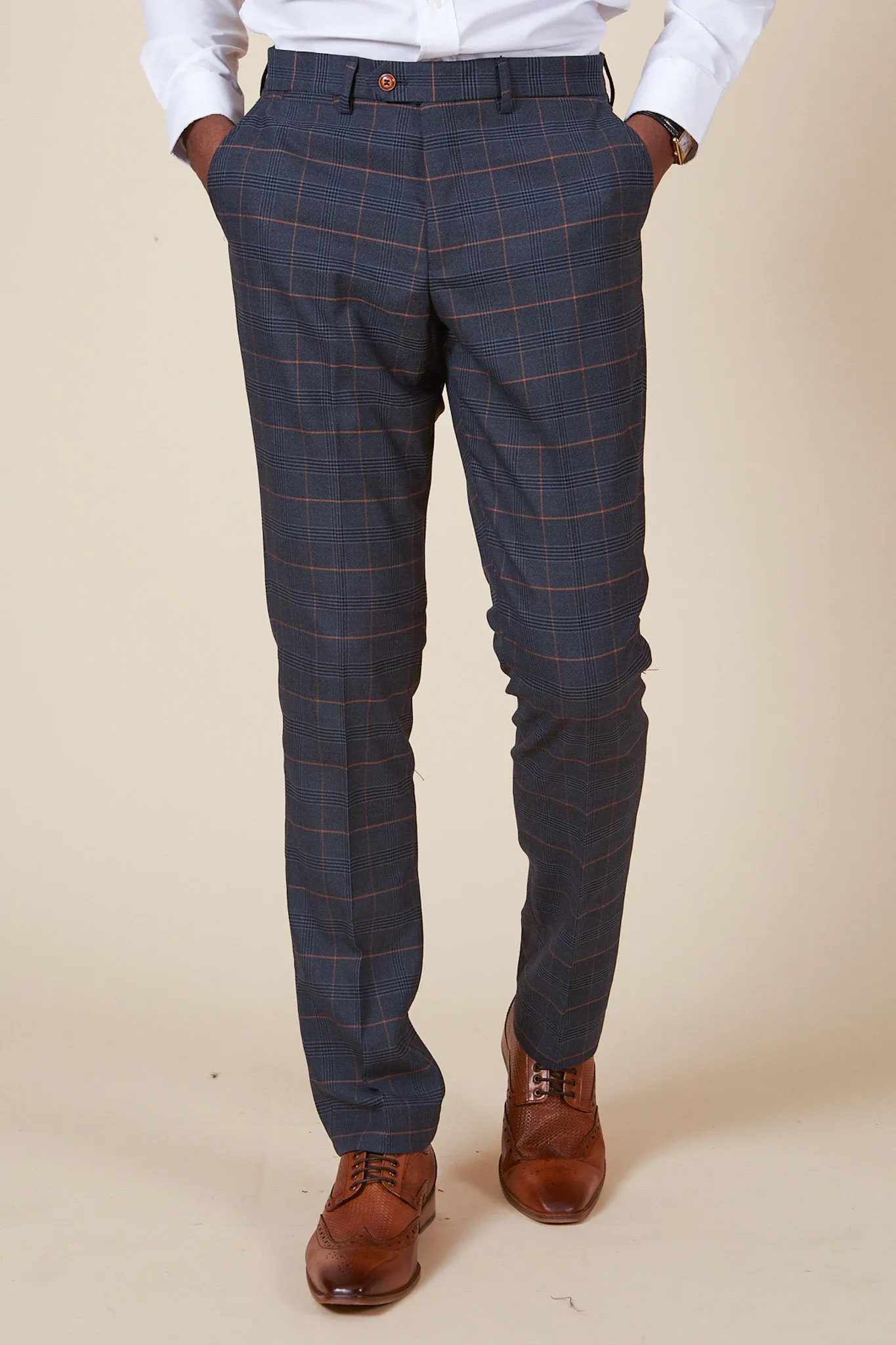 JENSON - Marine Navy Check Suit With Double Breasted Waistcoat