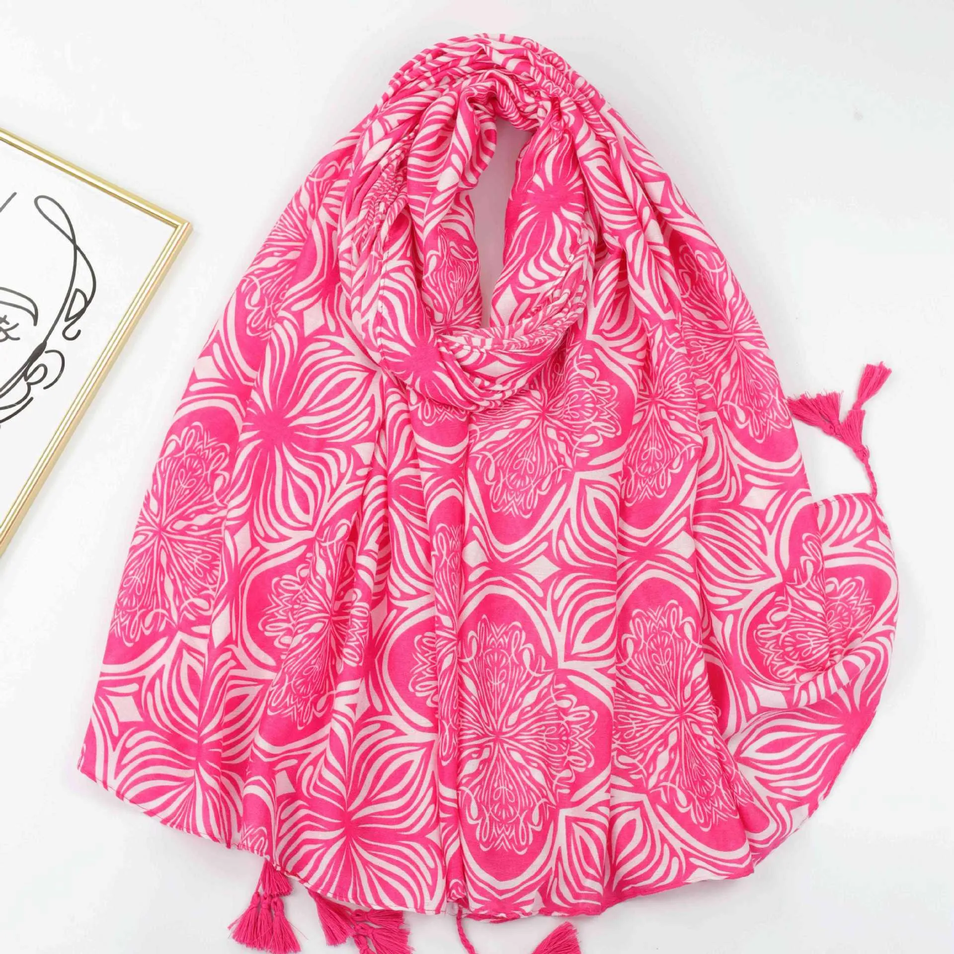 JY230806 Pink bodhi flower printed scarf