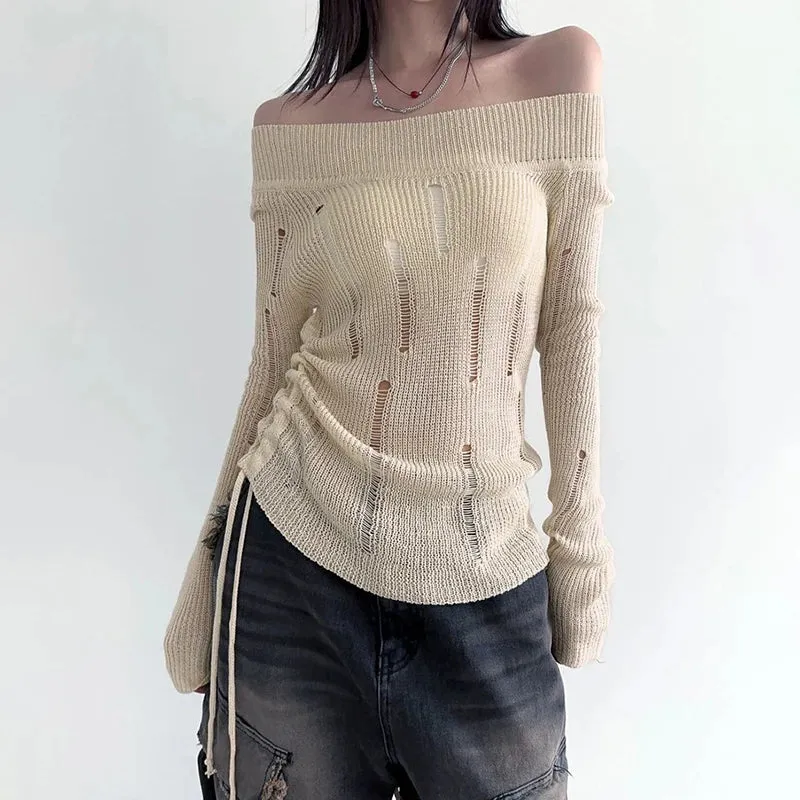 Korean Fashion Hole Ripped Sweater for Women Off Shoulder Knit Slim Grunge Autumn Pullover Top Drawstring Party Retro