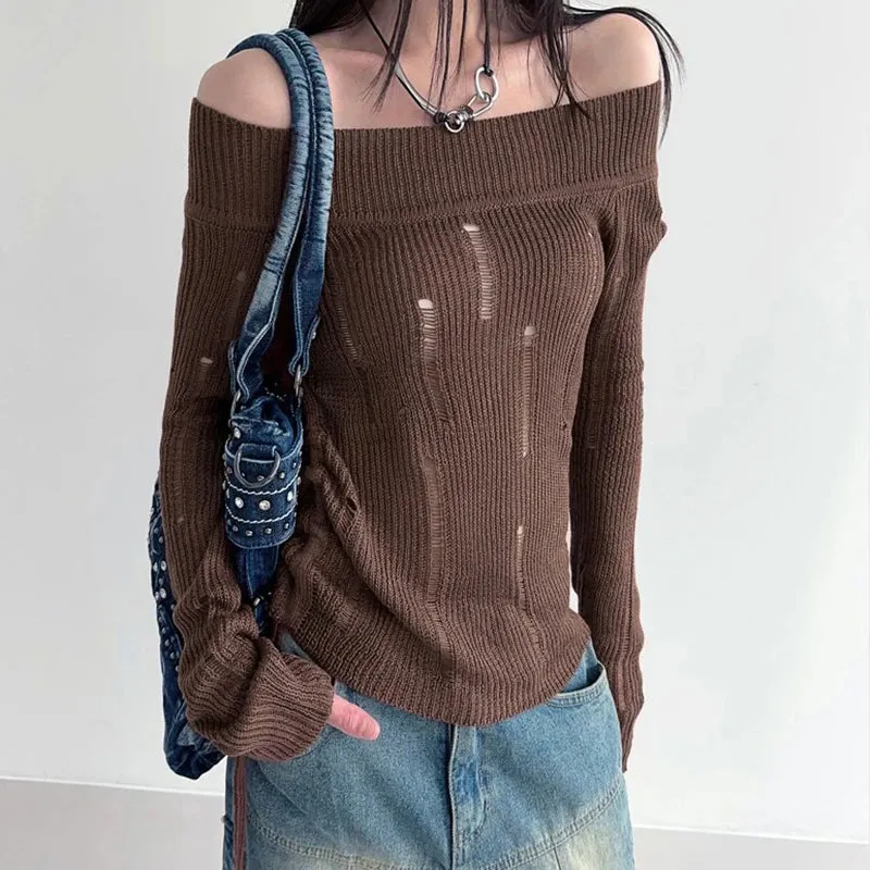 Korean Fashion Hole Ripped Sweater for Women Off Shoulder Knit Slim Grunge Autumn Pullover Top Drawstring Party Retro