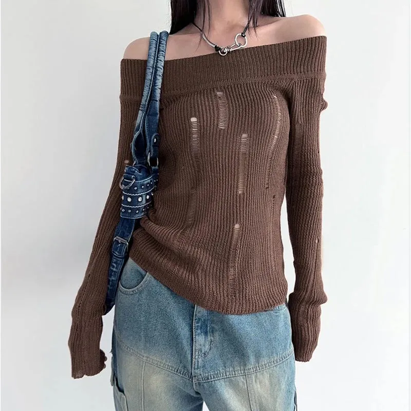 Korean Fashion Hole Ripped Sweater for Women Off Shoulder Knit Slim Grunge Autumn Pullover Top Drawstring Party Retro