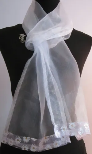 Ladies White Organza Scarf With Daisy Print Organza Trim