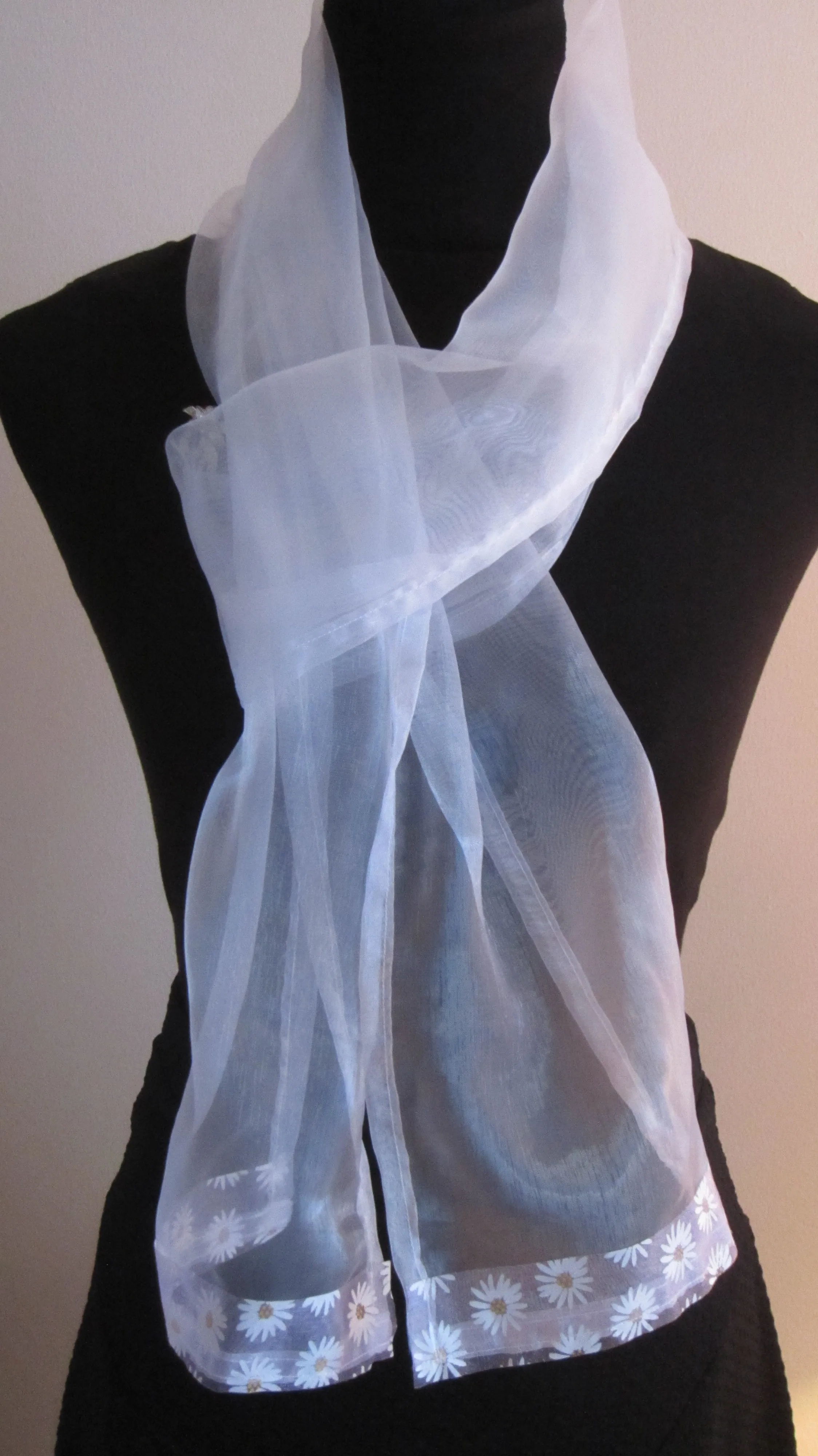 Ladies White Organza Scarf With Daisy Print Organza Trim