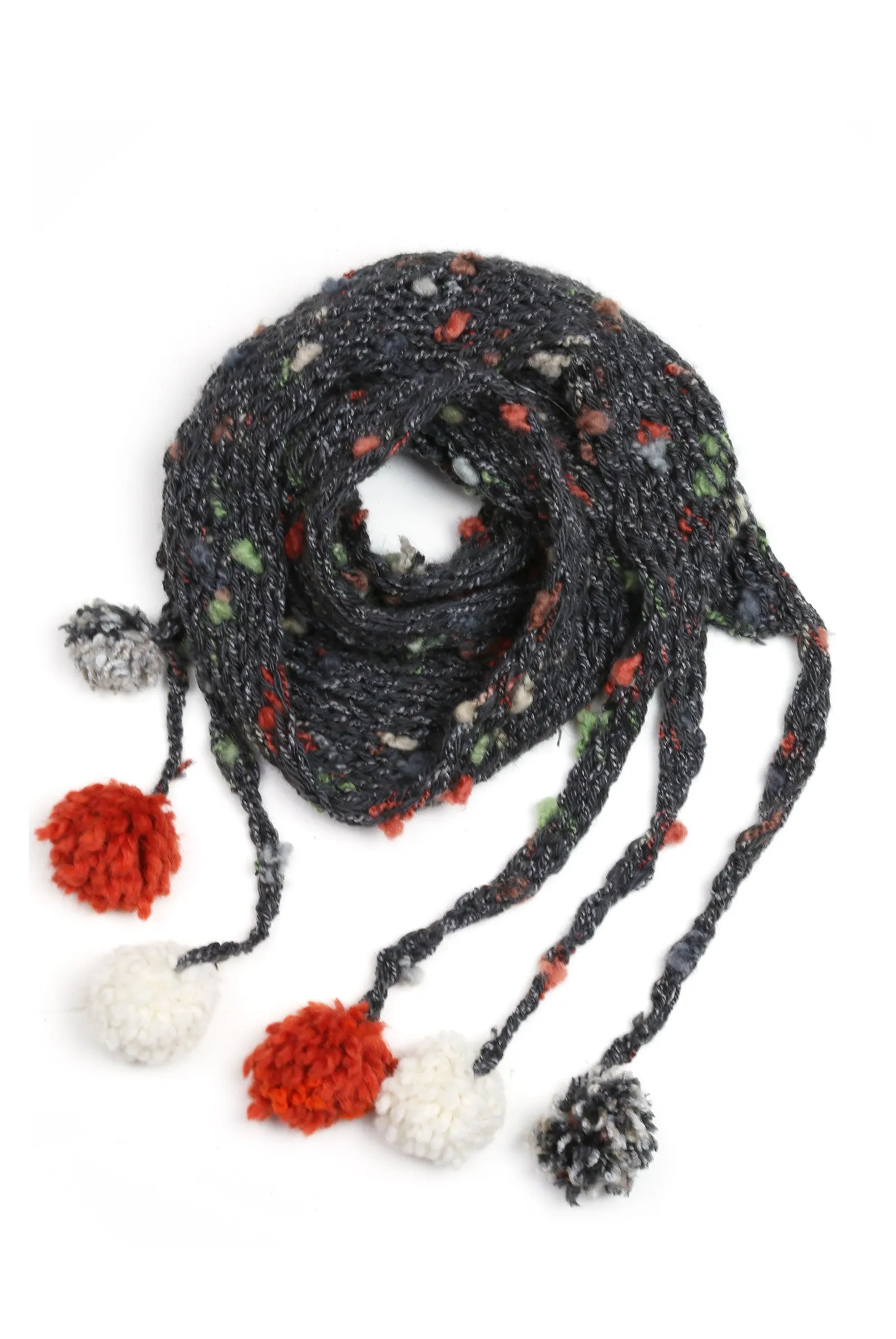 Long Hand-knit Scarf with Hanging Pom Poms