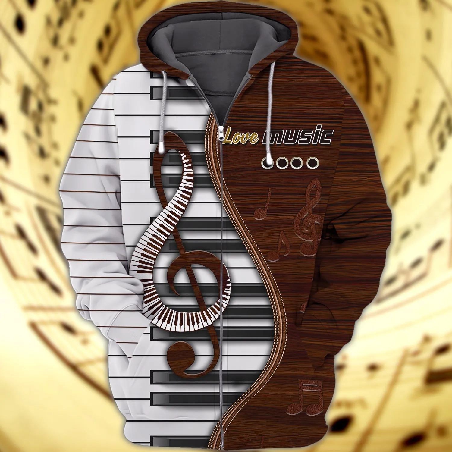 Love Music Piano Brown 3D Sweatshirt Hoodie Bomber, Perfect Gift for Piano Lovers