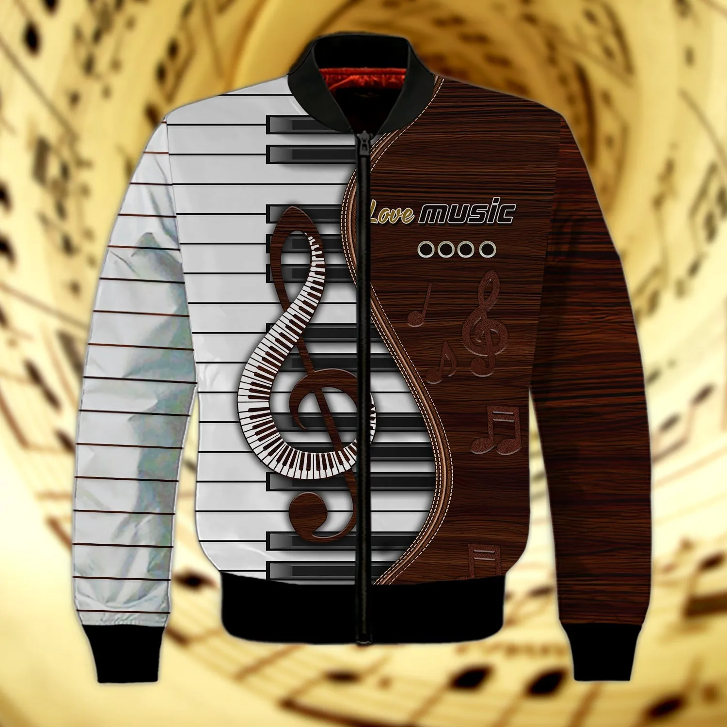 Love Music Piano Brown 3D Sweatshirt Hoodie Bomber, Perfect Gift for Piano Lovers