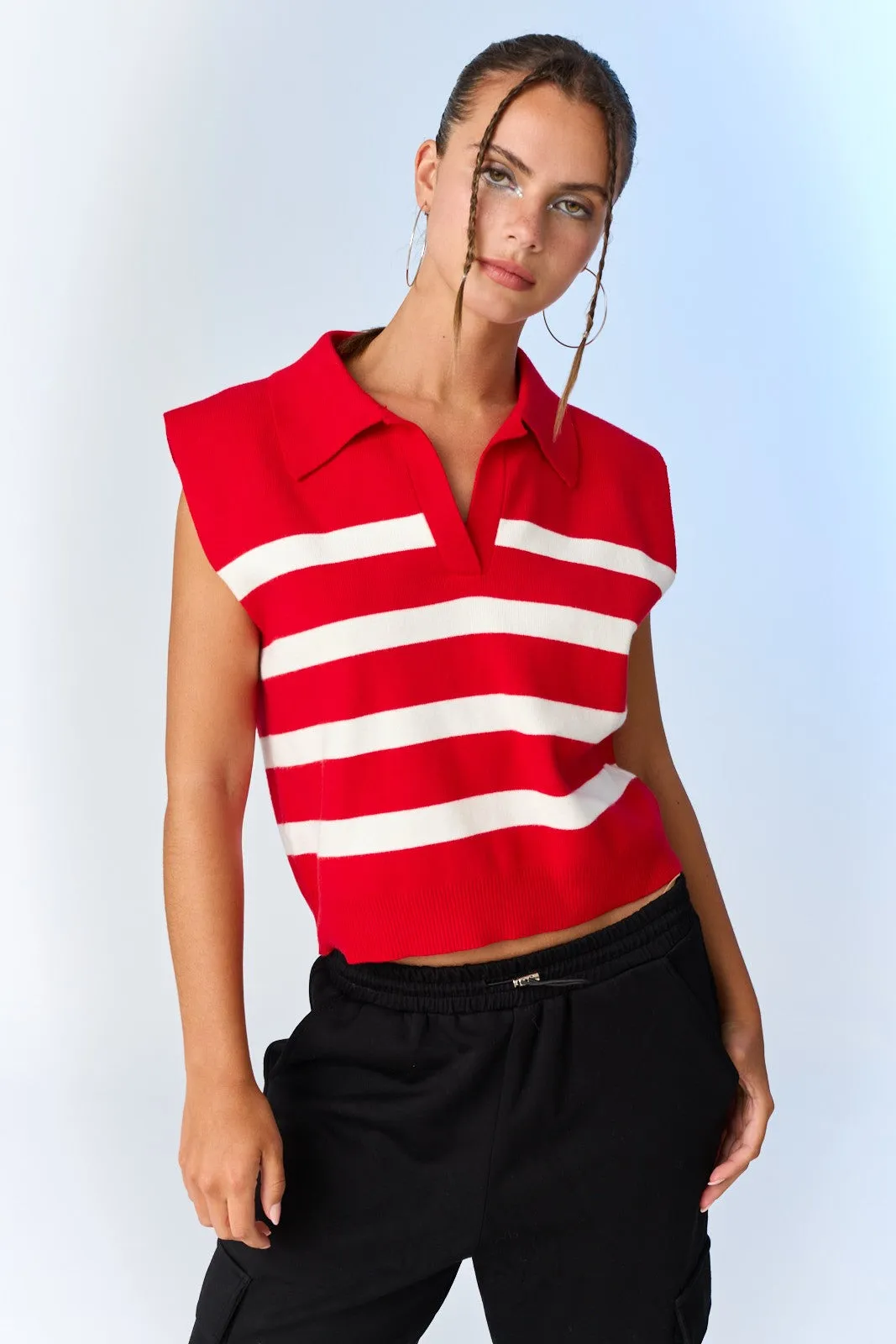 Luca Cropped Stripe Polo Knit Top