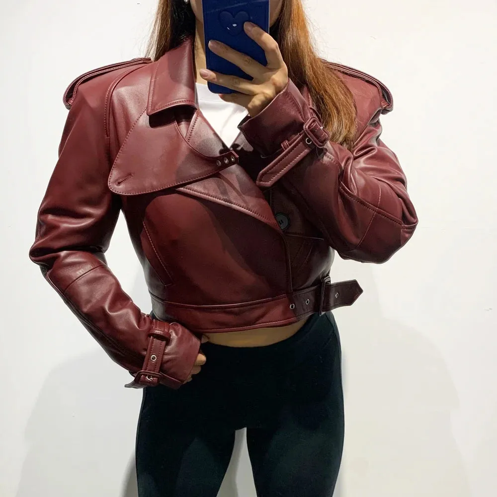 Luxury Women's Genuine Leather Belted Moto Jacket