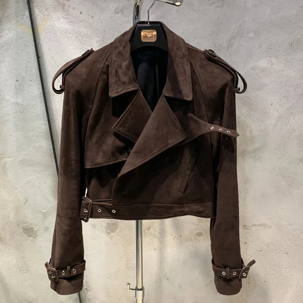 Luxury Women's Genuine Leather Belted Moto Jacket