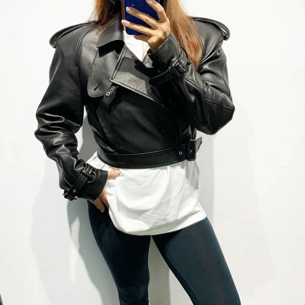 Luxury Women's Genuine Leather Belted Moto Jacket