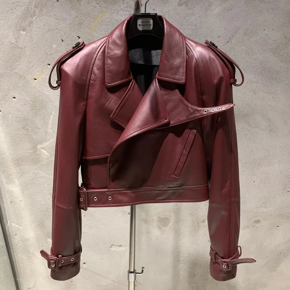 Luxury Women's Genuine Leather Belted Moto Jacket