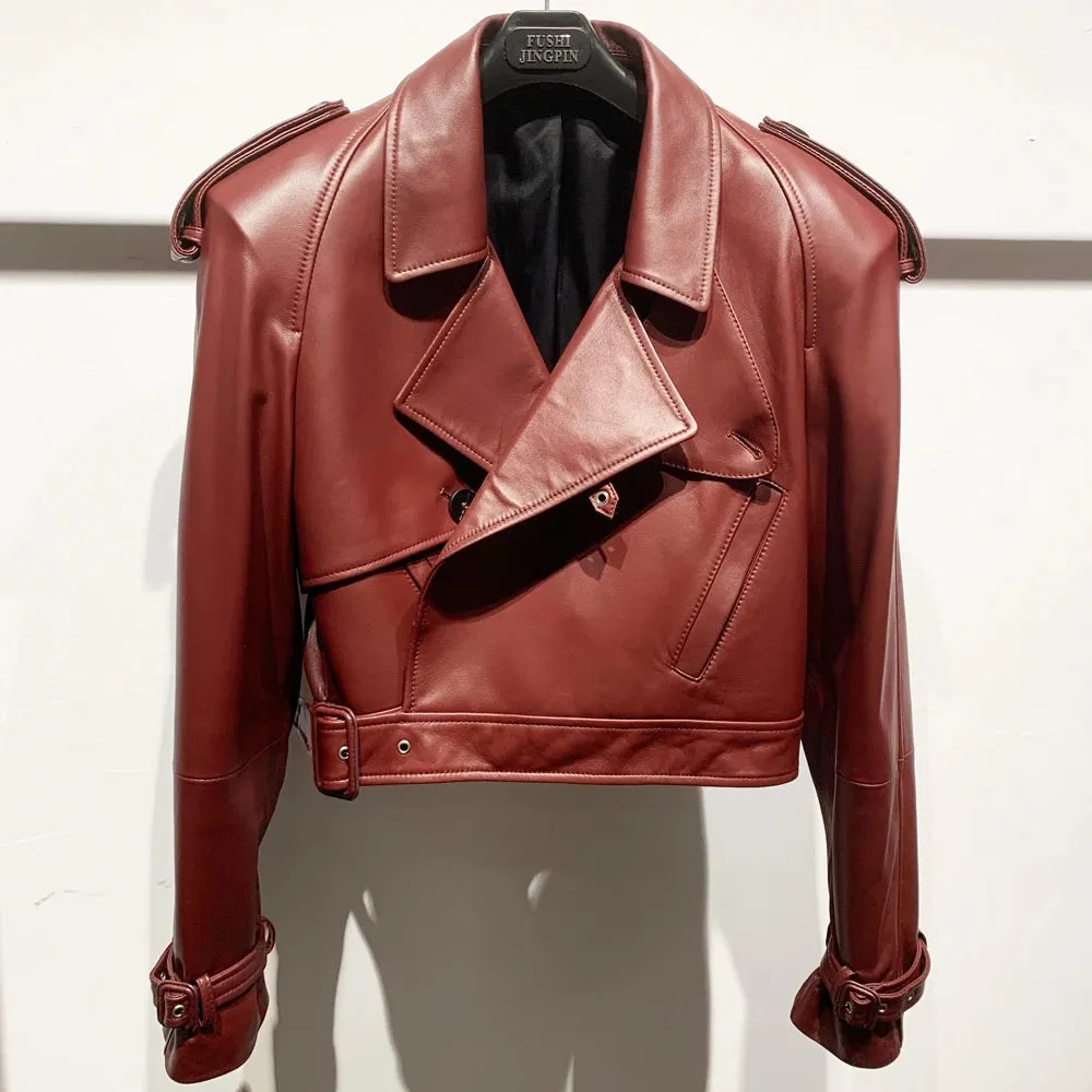 Luxury Women's Genuine Leather Belted Moto Jacket