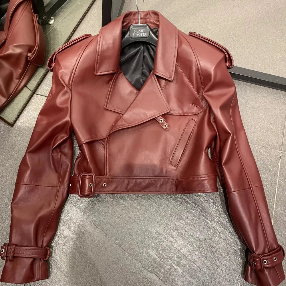 Luxury Women's Genuine Leather Belted Moto Jacket