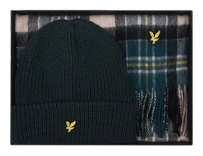 Lyle and Scott Mens Checked Lambs wool Scarf and beanie set Argle Teal