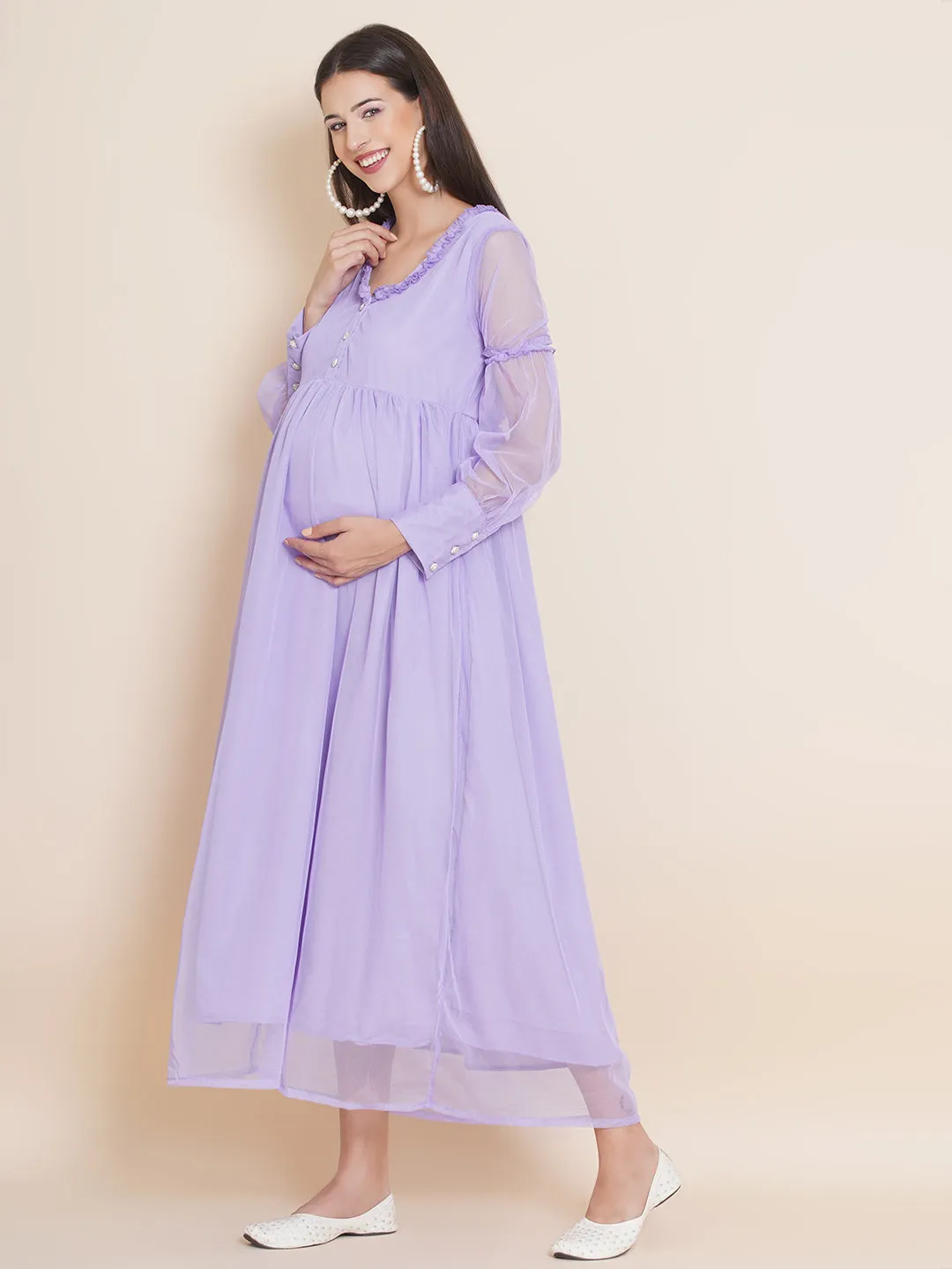 Maternity Solid Lavender Color Maxi Baby Shower Dress