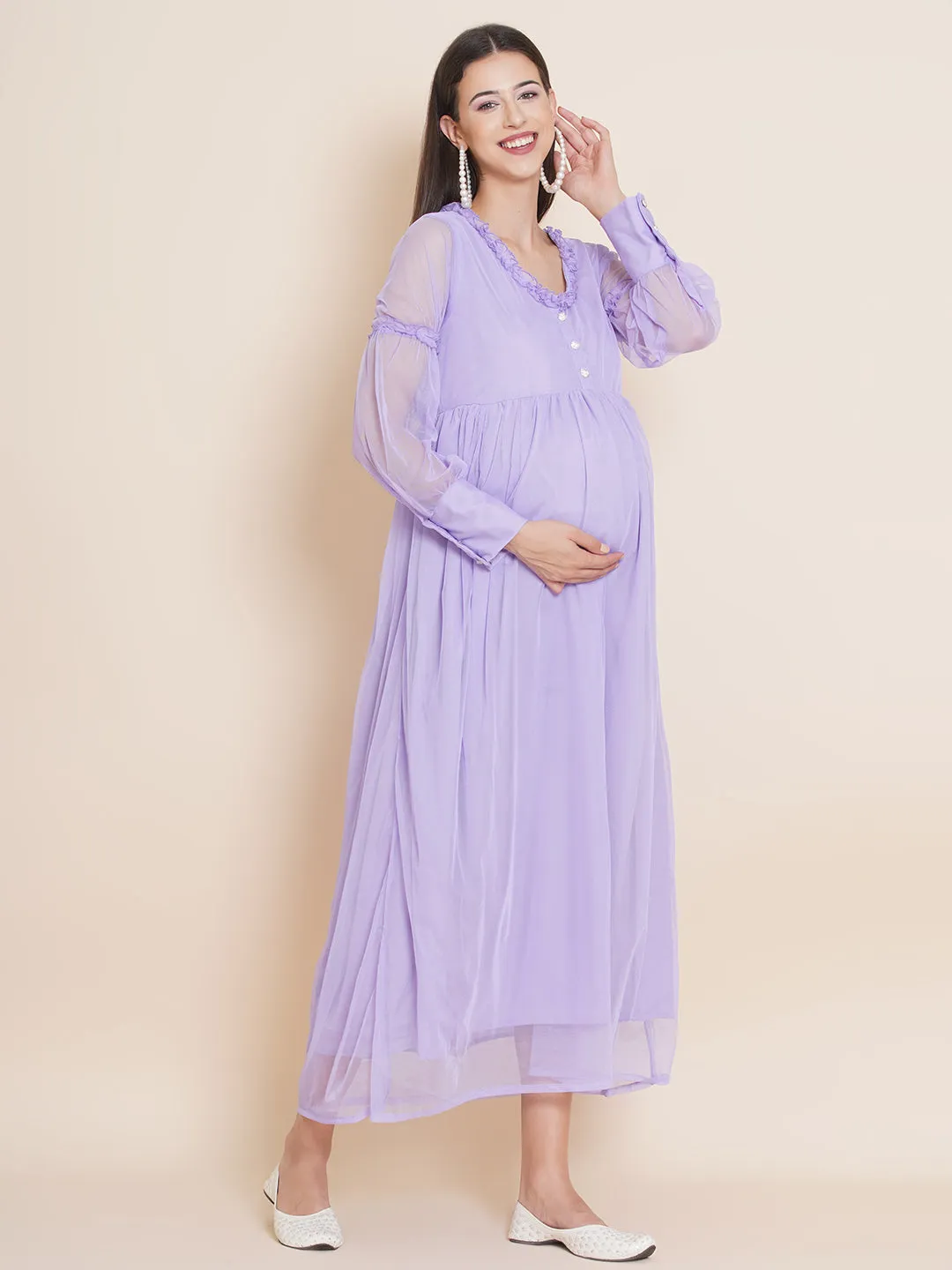 Maternity Solid Lavender Color Maxi Baby Shower Dress