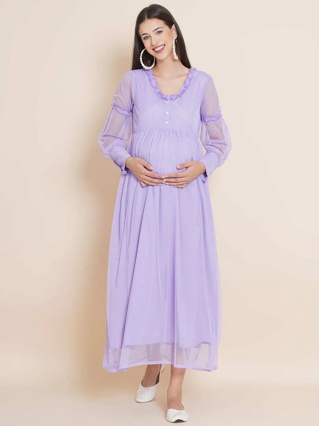 Maternity Solid Lavender Color Maxi Baby Shower Dress