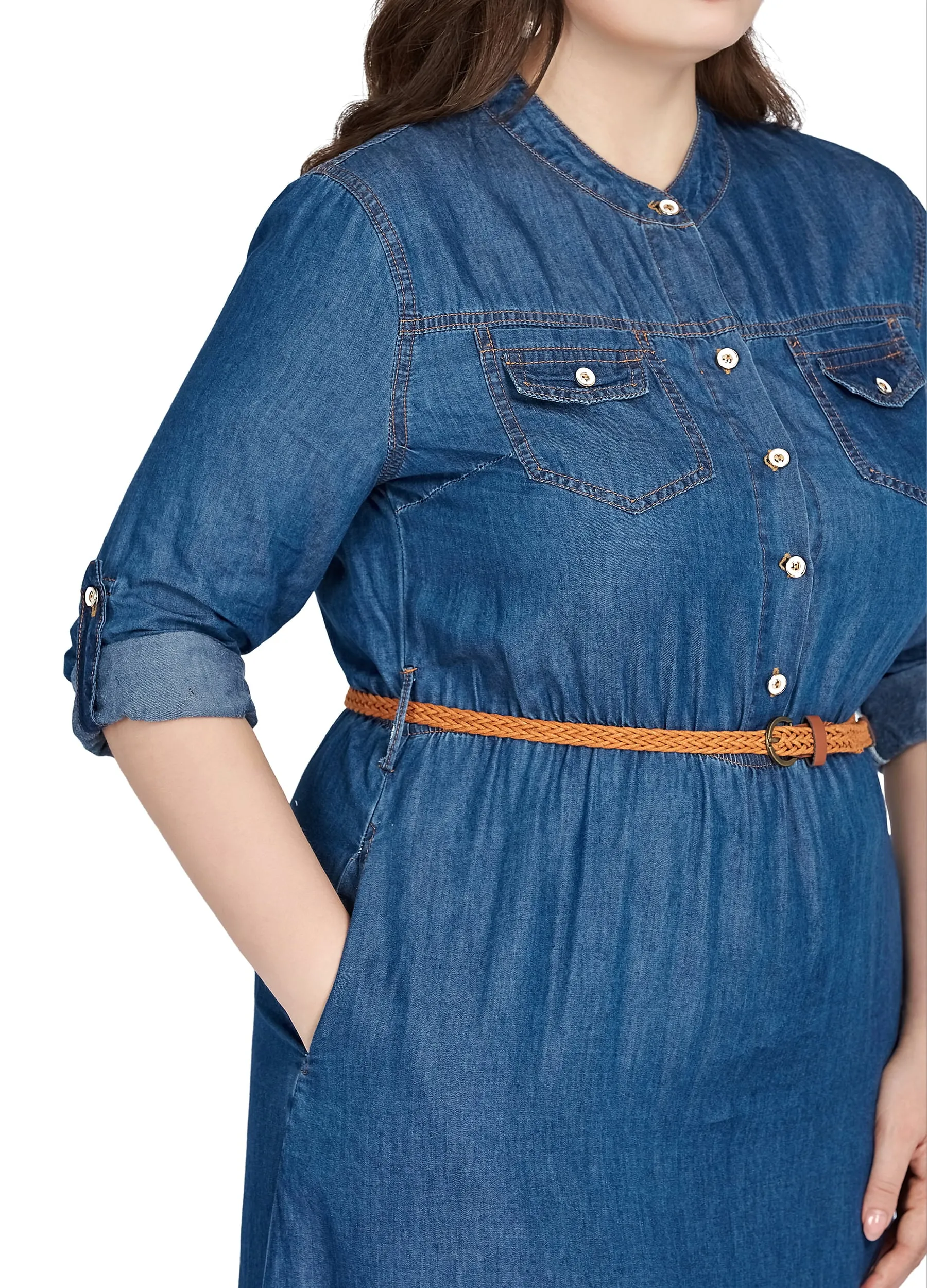 MECALA Women's Plus Size Belted Denim Shirt Dress