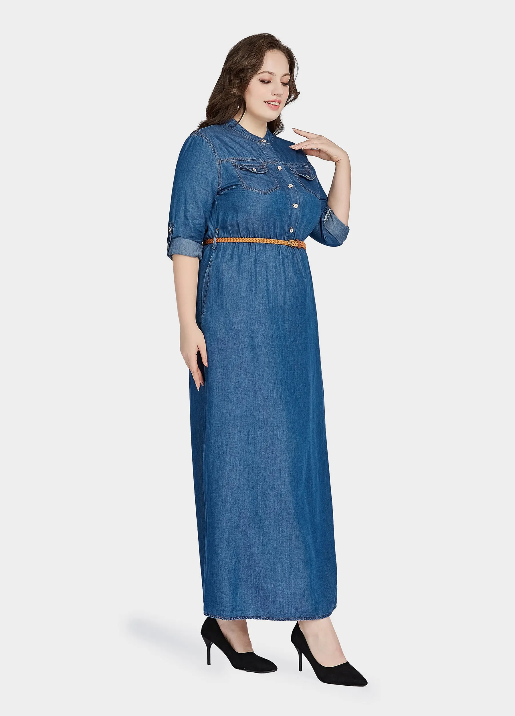 MECALA Women's Plus Size Belted Denim Shirt Dress