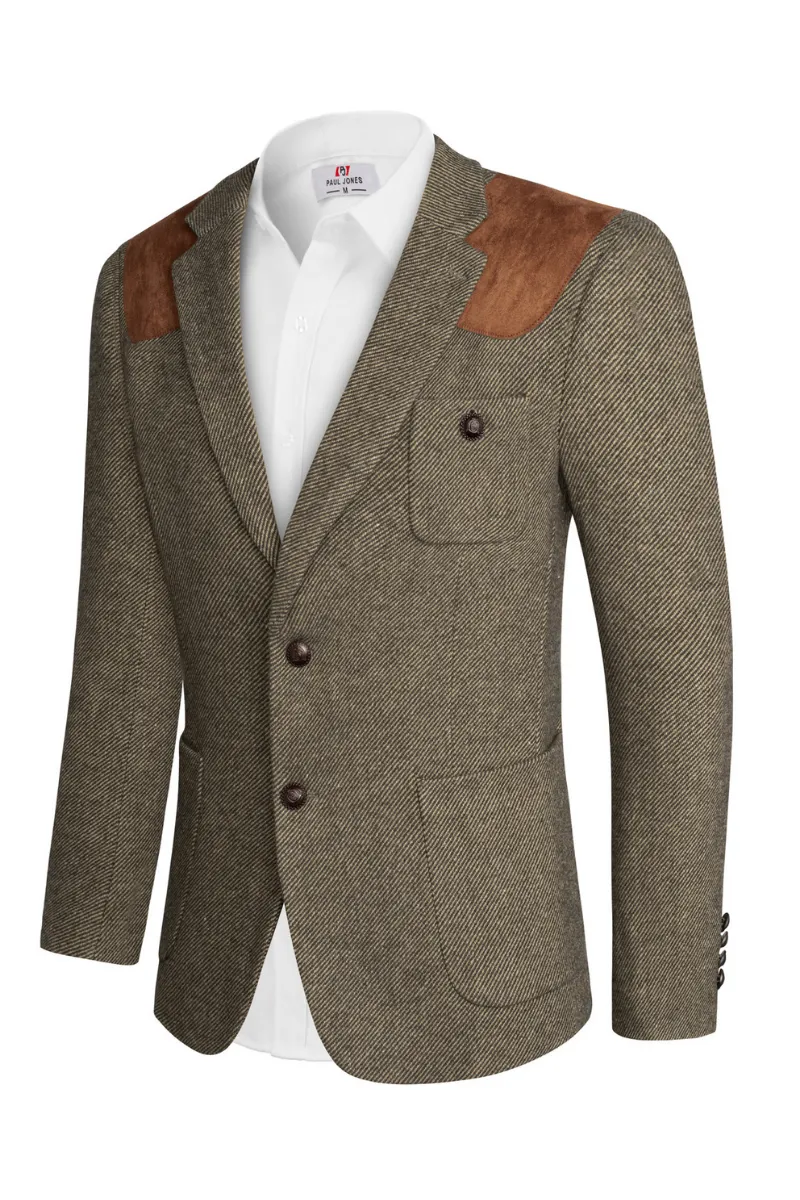 Men Faux Suede Patchwork Blazer Coat Notch Lapel Two-Button Back Slit Coat