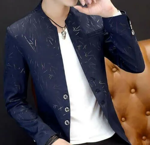 Mens Slim Round Stand Collar Pattern Blazer