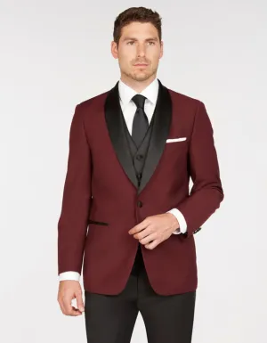 Mens Vested One Button Shawl Lapel Prom Tuxedo in Burgundy - Mens Slim Fitted Tuxedo