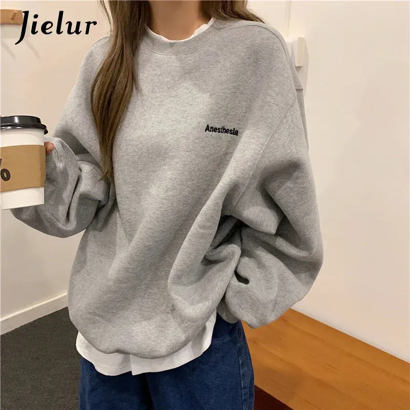 Metaversmall Orange Gray Sweatshirt Women M-XL Fake Two Piece M-XL Size Hoodie Female Loose Korean Fleece Streetwear Letter Embroidery