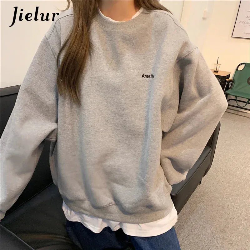 Metaversmall Orange Gray Sweatshirt Women M-XL Fake Two Piece M-XL Size Hoodie Female Loose Korean Fleece Streetwear Letter Embroidery