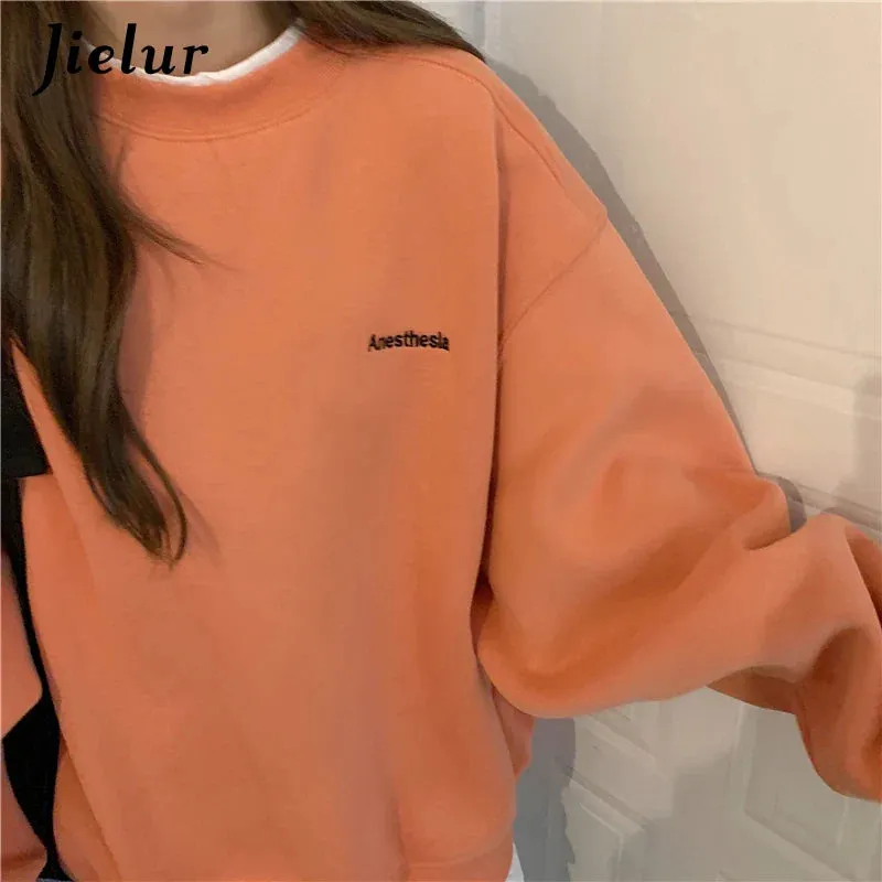 Metaversmall Orange Gray Sweatshirt Women M-XL Fake Two Piece M-XL Size Hoodie Female Loose Korean Fleece Streetwear Letter Embroidery