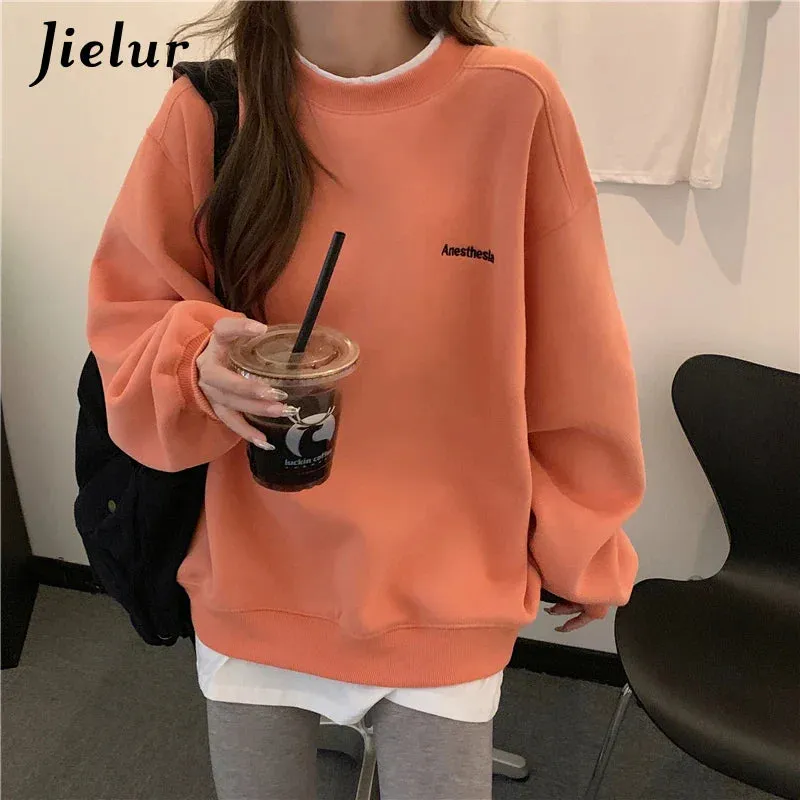 Metaversmall Orange Gray Sweatshirt Women M-XL Fake Two Piece M-XL Size Hoodie Female Loose Korean Fleece Streetwear Letter Embroidery