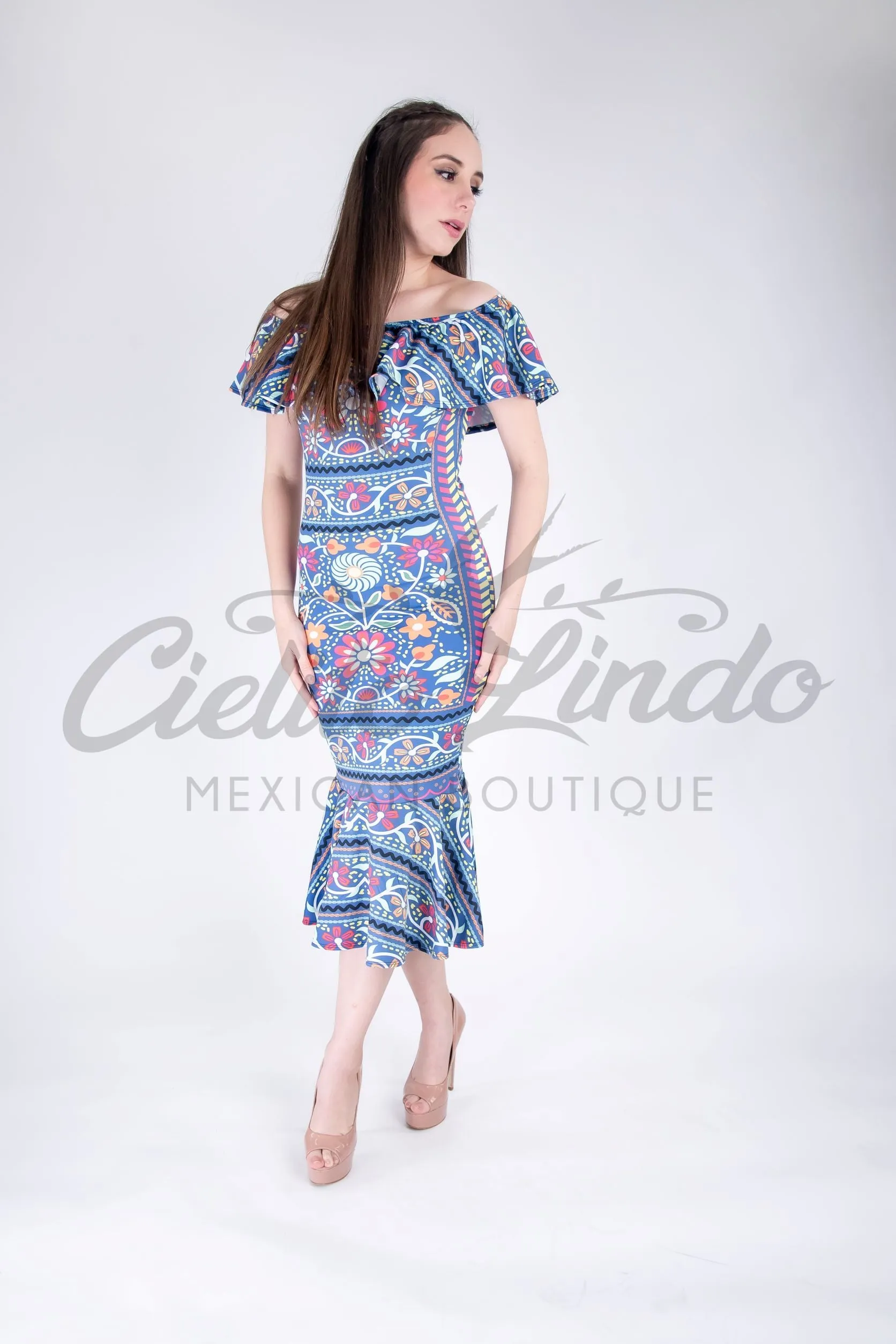 Mexican Fiesta Printed Maxi Dress Blue