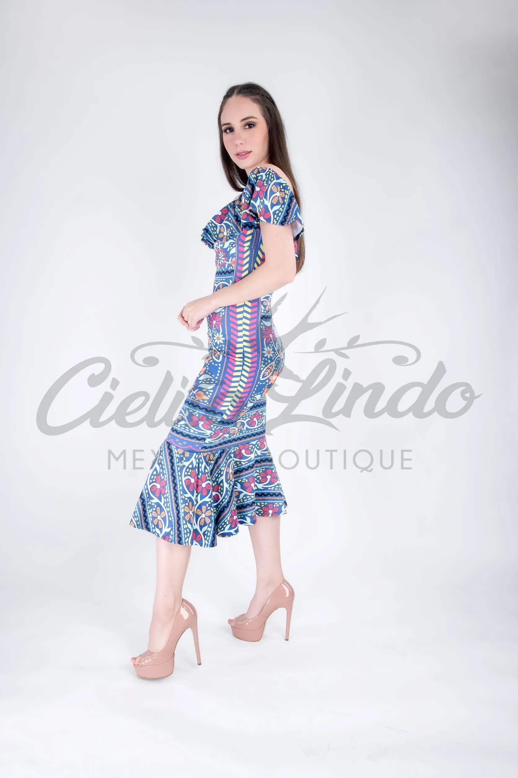 Mexican Fiesta Printed Maxi Dress Blue