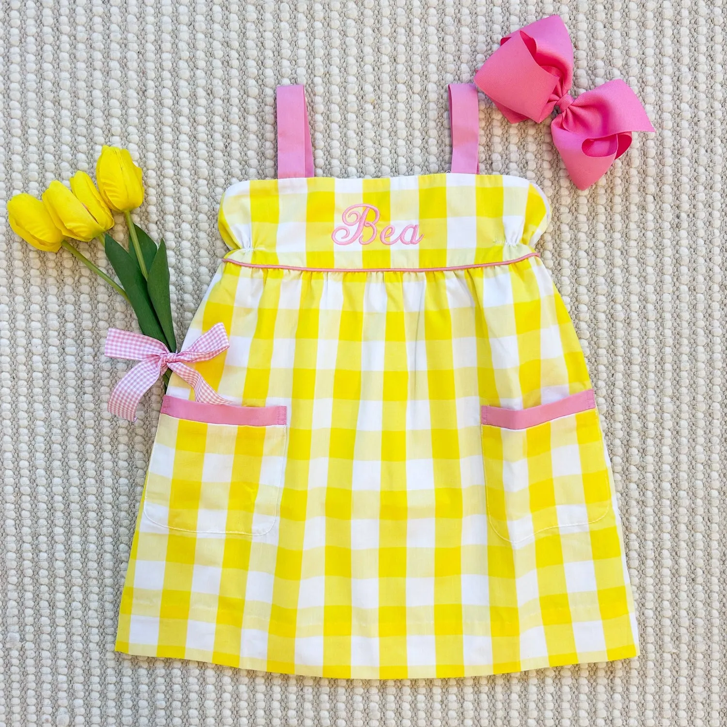 Millie Day Dress - Seaside Sunny Yellow Check with Hamptons Hot Pink